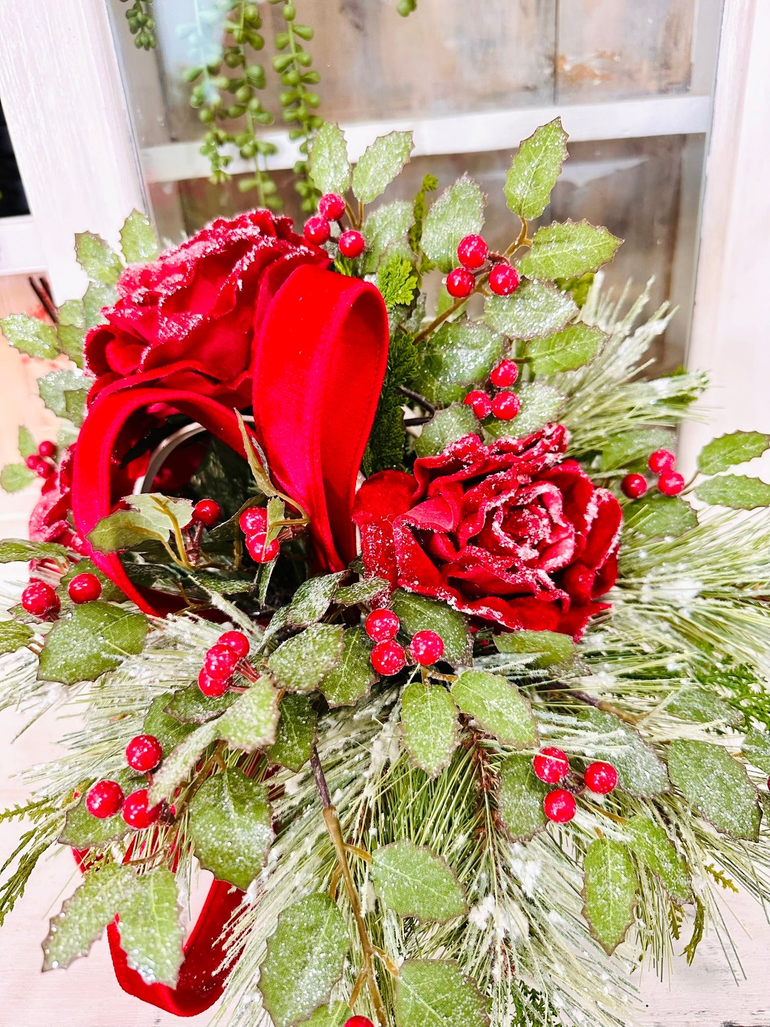 Christmas Centerpiece with Red Roses, Pine & Holly – Holiday Table Arrangement TCT Crafts