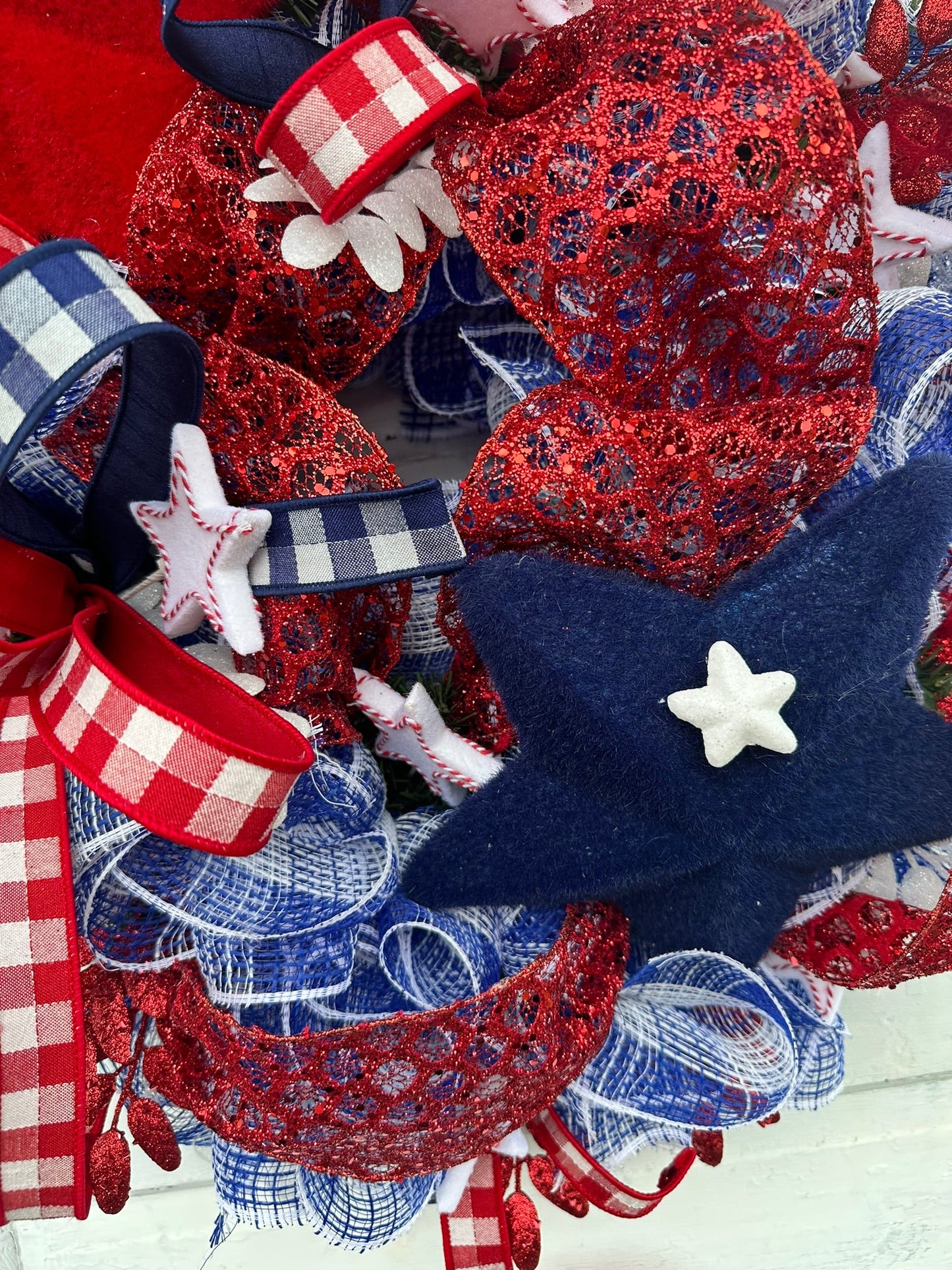 Patriotic Red, White & Blue Wreath – Glittery Mesh Door Decor, Independence Day, Memorial, Veterans Day Accents by TCT Crafts