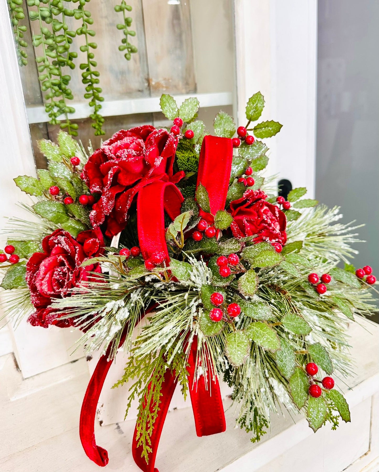 Christmas Centerpiece with Red Roses, Pine & Holly – Holiday Table Arrangement TCT Crafts