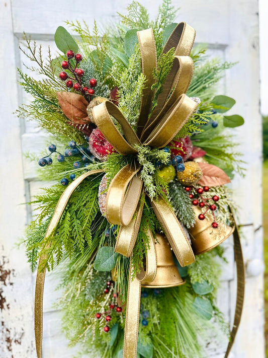 Williamsburg Christmas Swag with Gold Bells & Glittered Fruit – Elegant Holiday Door Decoration 40x24 TCT Crafts