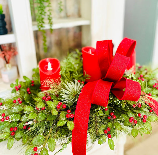 Christmas Candle Arrangement – Holiday Centerpiece with Pine, Holly & Optional Flameless Candles TCT Crafts