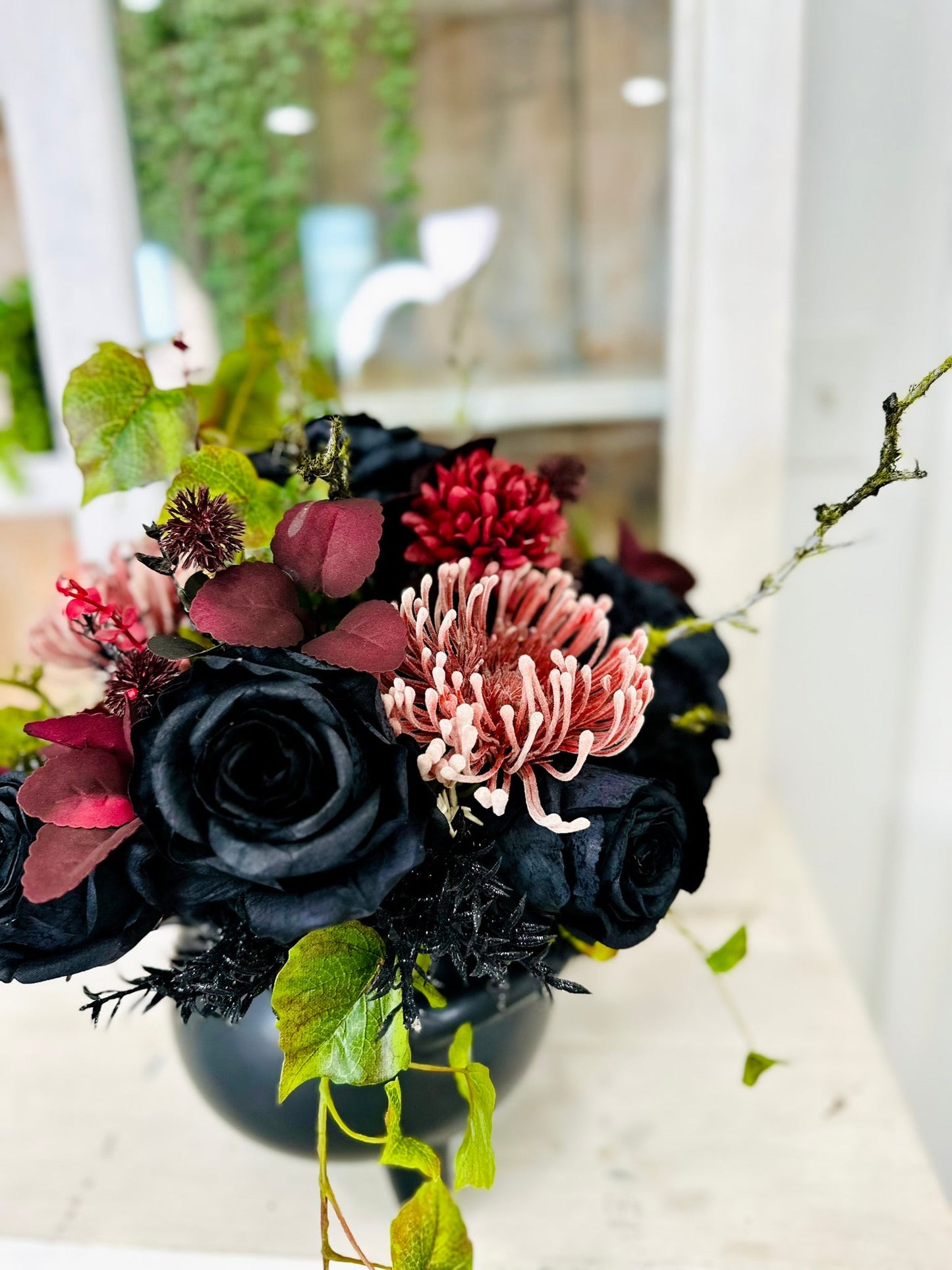 Halloween Cauldron Arrangement – Gothic Floral Centerpiece with Black Roses TCT Crafts