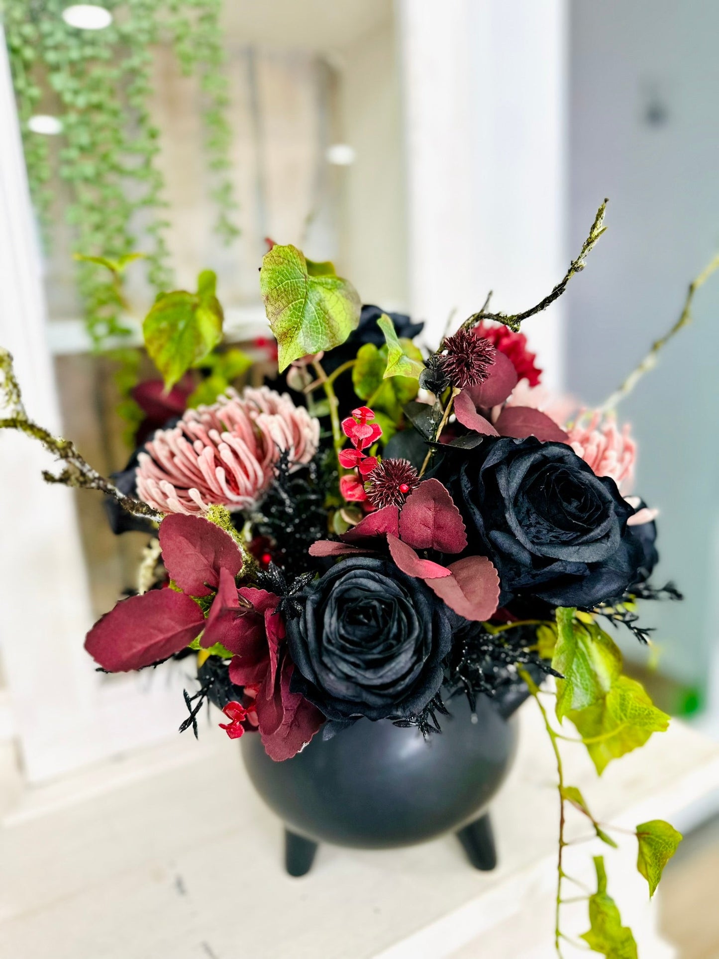 Halloween Cauldron Arrangement – Gothic Floral Centerpiece with Black Roses TCT Crafts