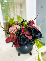 Halloween Cauldron Arrangement – Gothic Floral Centerpiece with Black Roses TCT Crafts