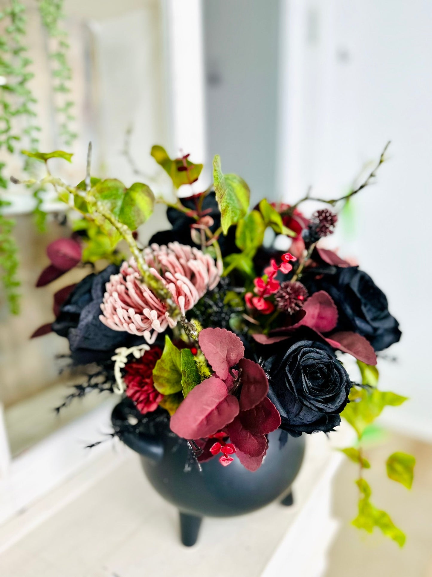 Halloween Cauldron Arrangement – Gothic Floral Centerpiece with Black Roses TCT Crafts