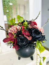 Halloween Cauldron Arrangement – Gothic Floral Centerpiece with Black Roses TCT Crafts