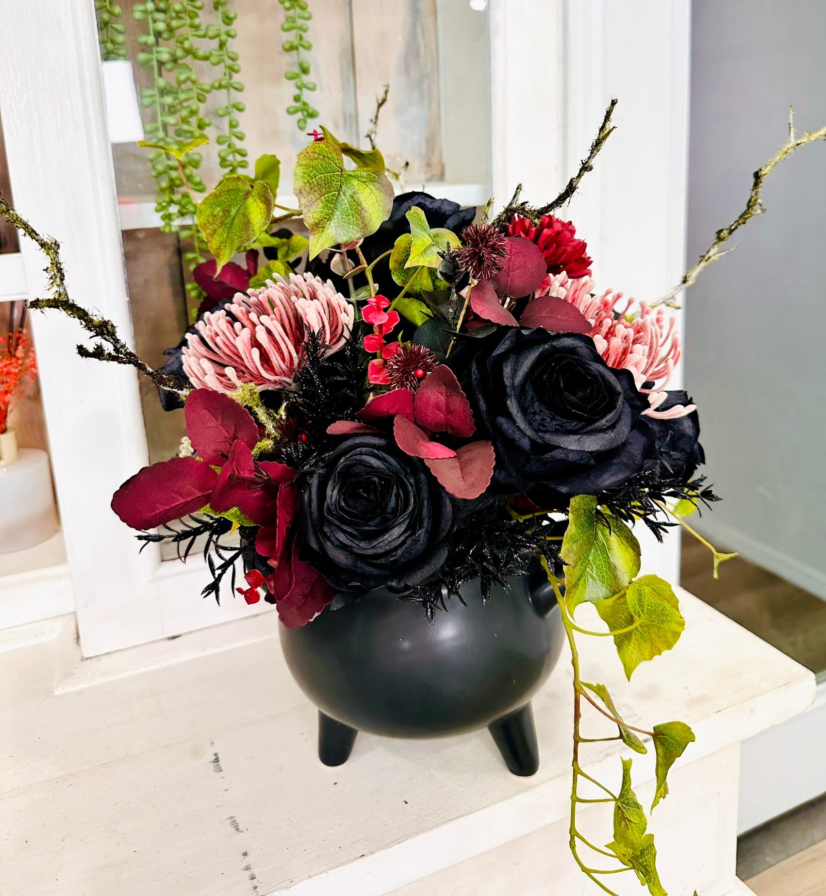 Halloween Cauldron Arrangement – Gothic Floral Centerpiece with Black Roses TCT Crafts