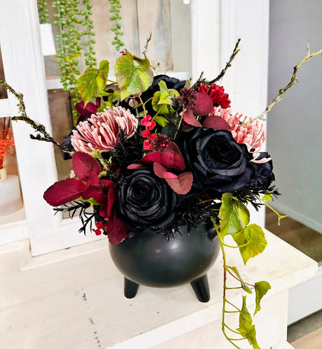 Halloween Cauldron Arrangement – Gothic Floral Centerpiece with Black Roses TCT Crafts