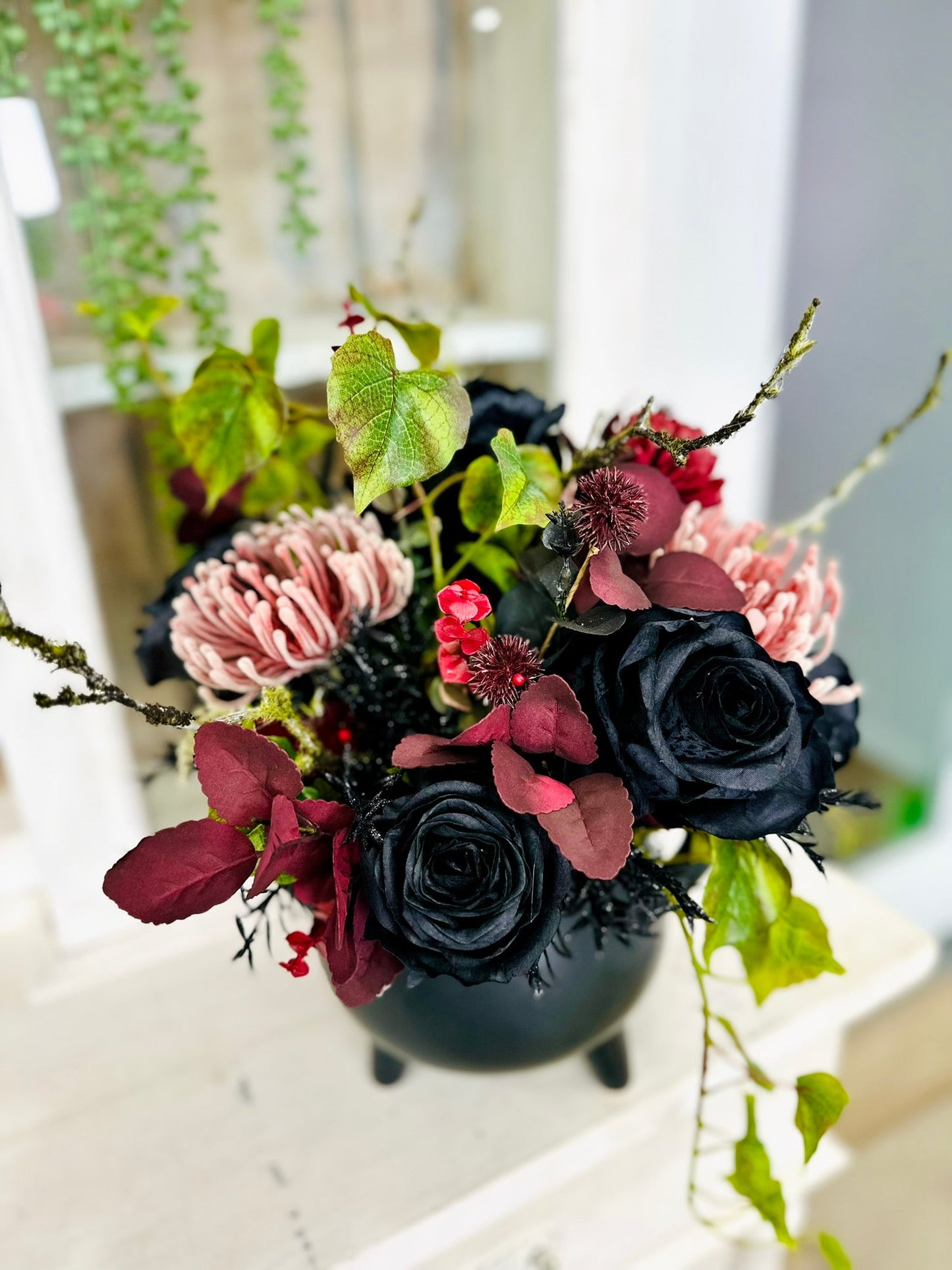 Halloween Cauldron Arrangement – Gothic Floral Centerpiece with Black Roses TCT Crafts