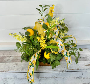 Lemon Grove Faux Floral Arrangement with Ribbon Accents, 15x19 Citrus Themed Centerpiece, Summer Kitchen or Table Decor Accent