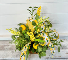 Load image into Gallery viewer, Lemon Grove Faux Floral Arrangement with Ribbon Accents, 15x19 Citrus Themed Centerpiece, Summer Kitchen or Table Decor Accent