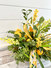 Load image into Gallery viewer, Lemon Grove Faux Floral Arrangement with Ribbon Accents, 15x19 Citrus Themed Centerpiece, Summer Kitchen or Table Decor Accent