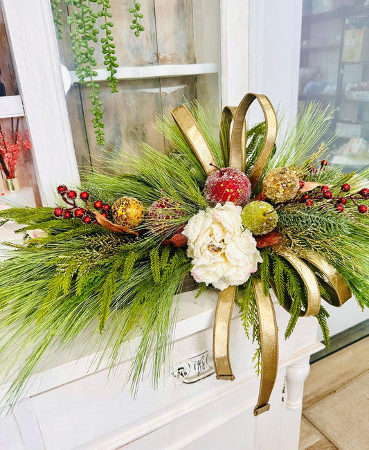 Williamsburg Christmas Centerpiece – 36x14 Beaded Fruit & Peony Holiday Arrangement in Wood Tray TCT Crafts