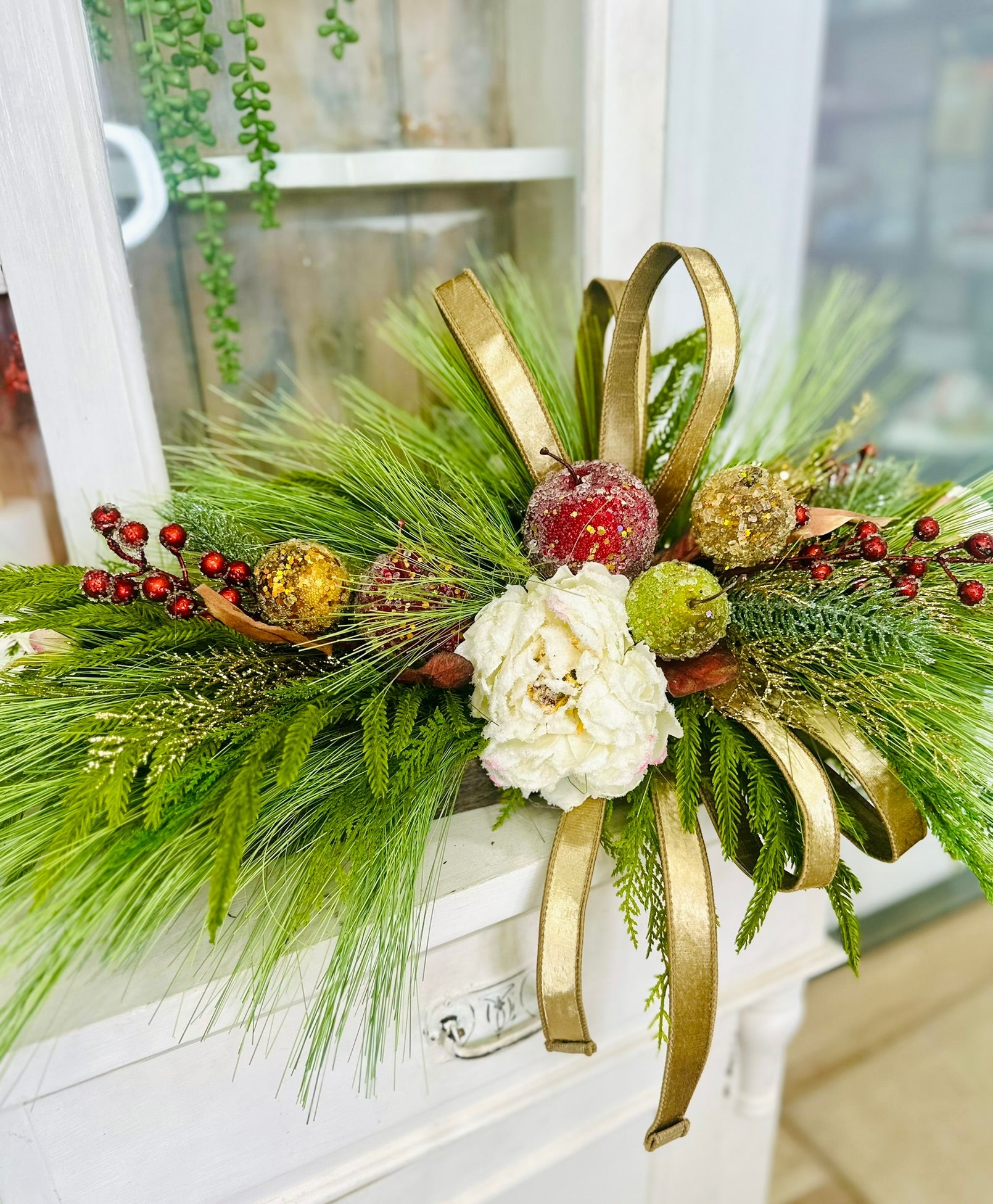 Williamsburg Christmas Centerpiece – 36x14 Beaded Fruit & Peony Holiday Arrangement in Wood Tray TCT Crafts