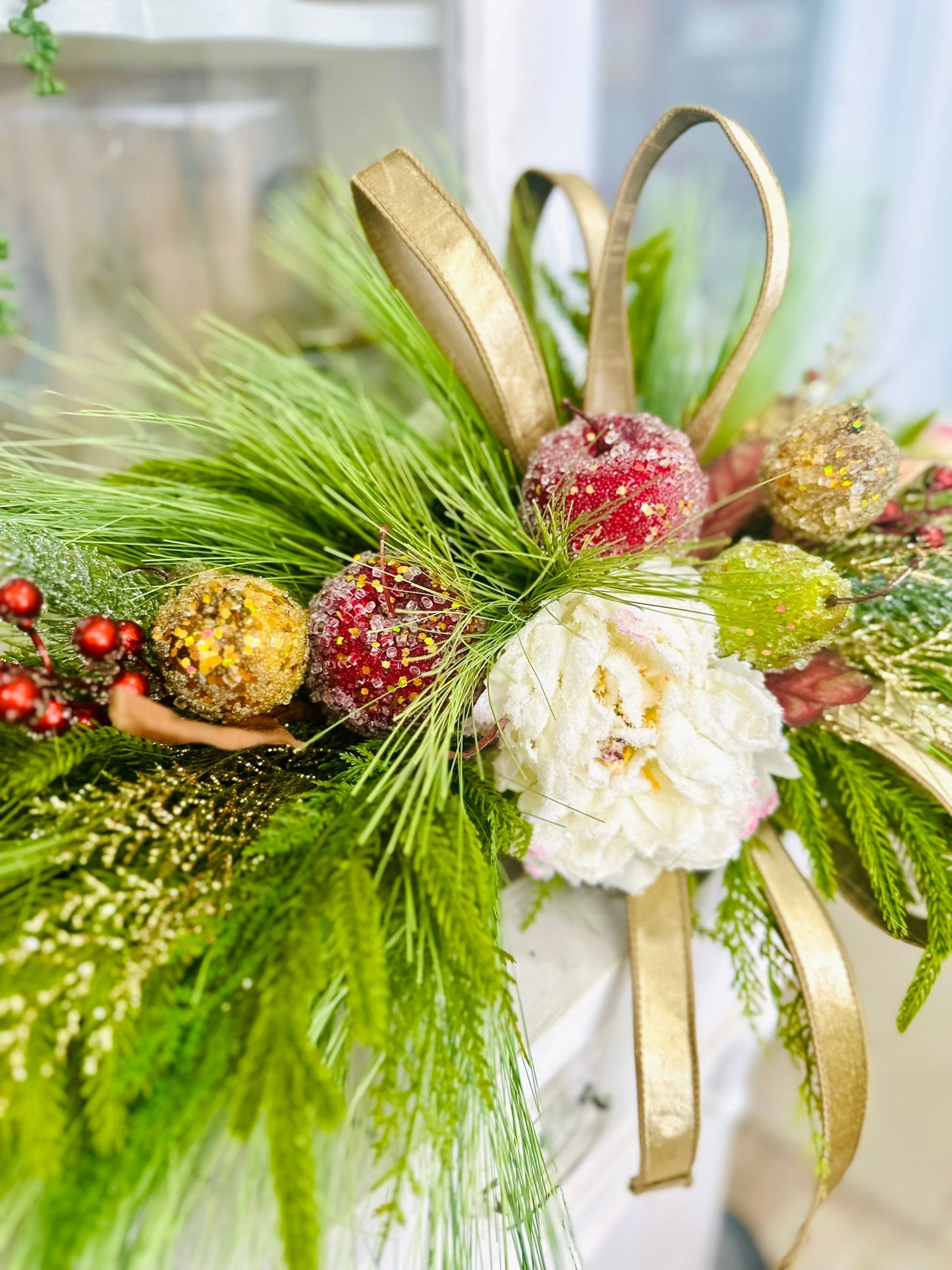 Williamsburg Christmas Centerpiece – 36x14 Beaded Fruit & Peony Holiday Arrangement in Wood Tray TCT Crafts