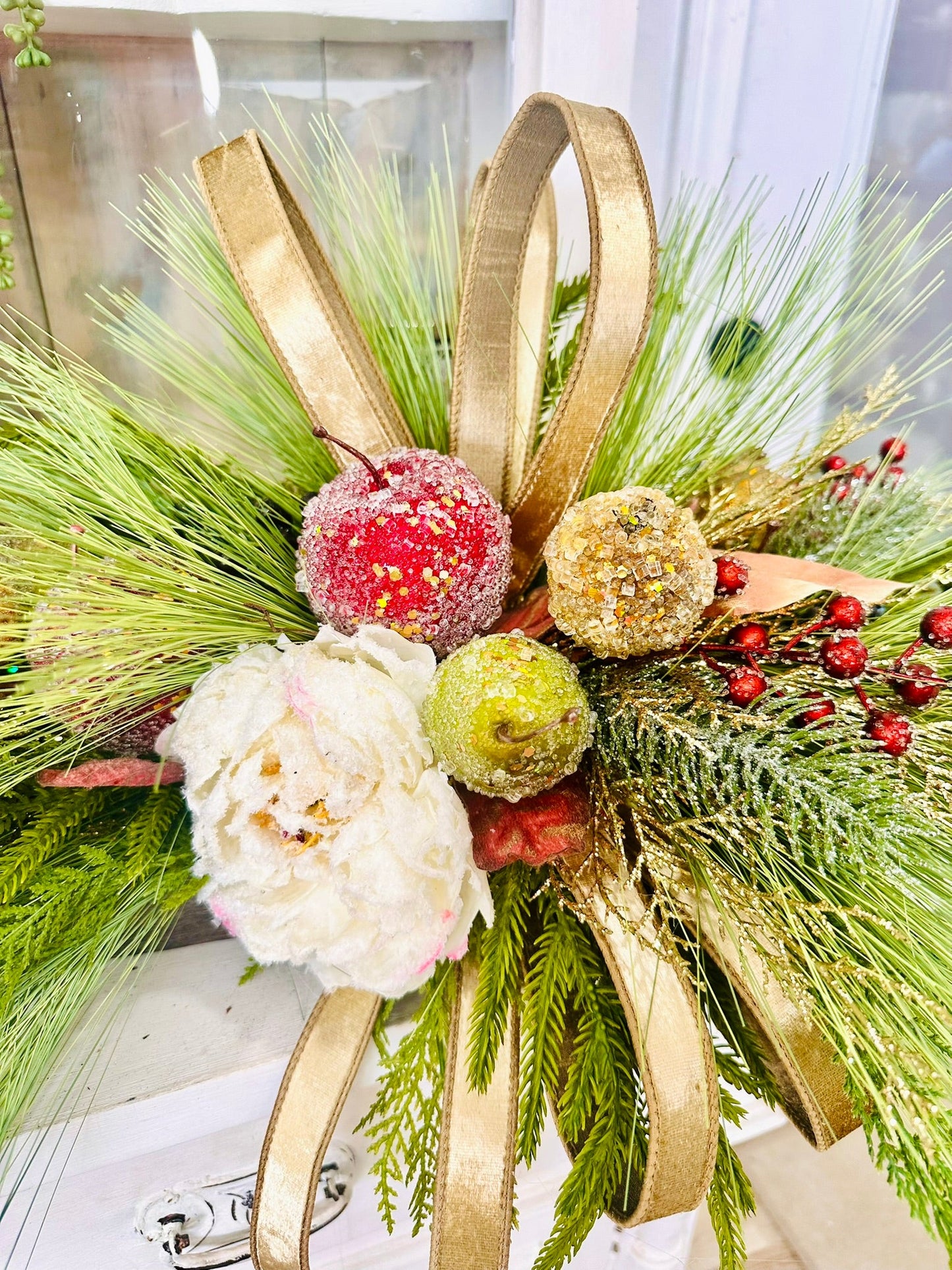 Williamsburg Christmas Centerpiece – 36x14 Beaded Fruit & Peony Holiday Arrangement in Wood Tray TCT Crafts