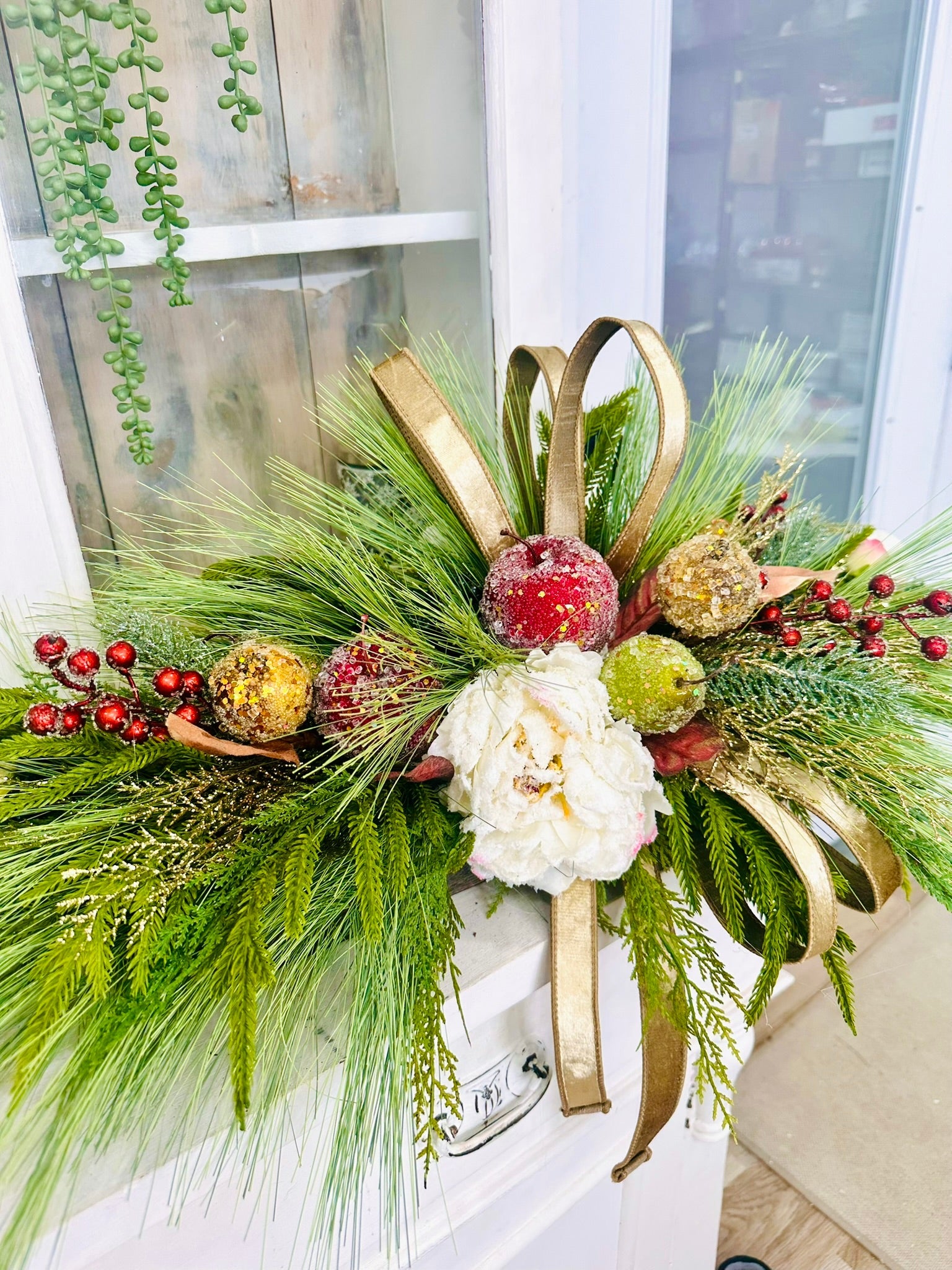 Williamsburg Christmas Centerpiece – 36x14 Beaded Fruit & Peony Holiday Arrangement in Wood Tray TCT Crafts
