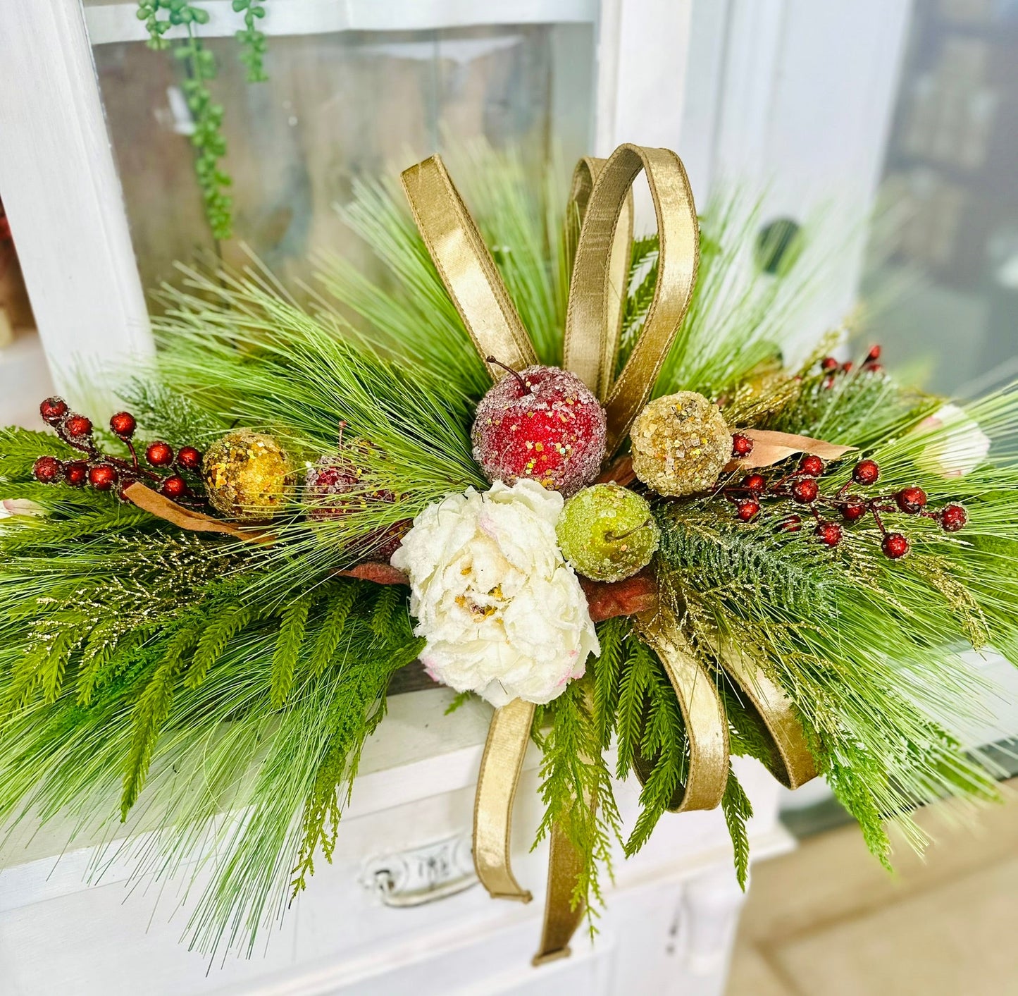 Williamsburg Christmas Centerpiece – 36x14 Beaded Fruit & Peony Holiday Arrangement in Wood Tray TCT Crafts
