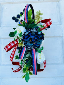 Patriotic Door Hanger Swag, 22x10 Red White and Blue Floral Decoration, Small American Pride Accent for Home by TCT Crafts