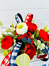 Load image into Gallery viewer, Patriotic Floral Centerpiece with Ribbons, Red White and Blue Small Table Decor, 21x13 American Theme Arrangement by TCT Crafts