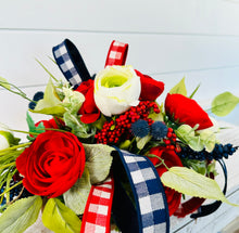 Load image into Gallery viewer, Patriotic Floral Centerpiece with Ribbons, Red White and Blue Small Table Decor, 21x13 American Theme Arrangement by TCT Crafts