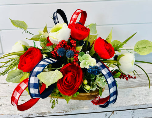 Patriotic Floral Centerpiece with Ribbons, Red White and Blue Small Table Decor, 21x13 American Theme Arrangement by TCT Crafts