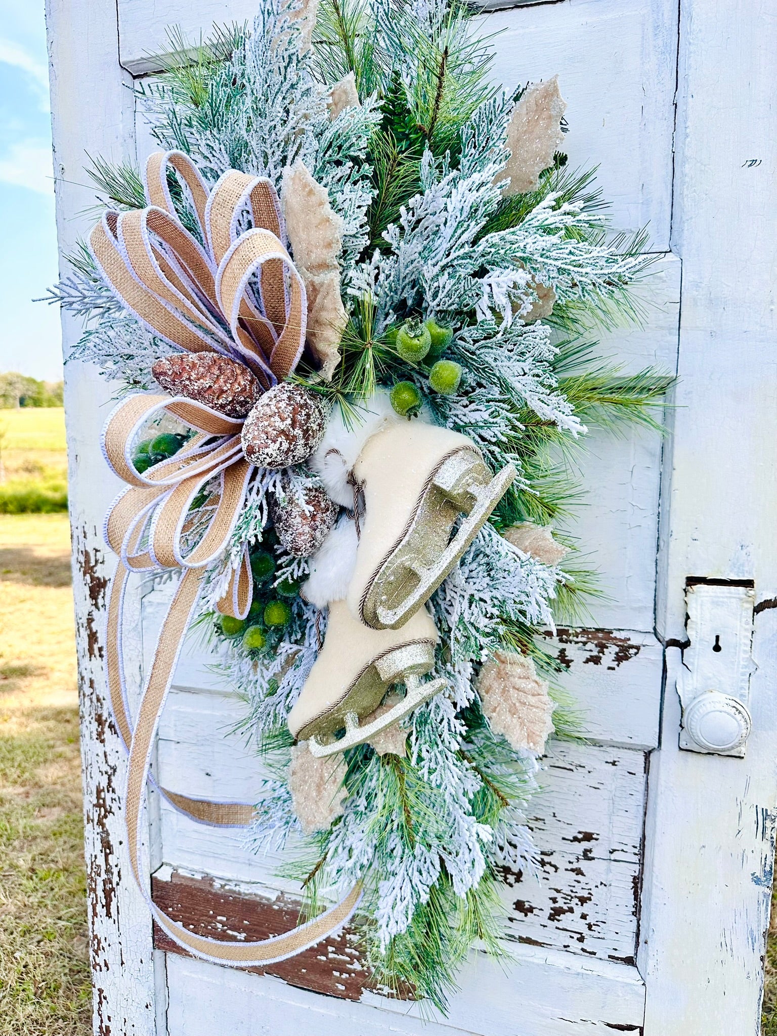 Winter Chalet Neutral Christmas Swag with Ice Skates – 39"x21" TCT Crafts