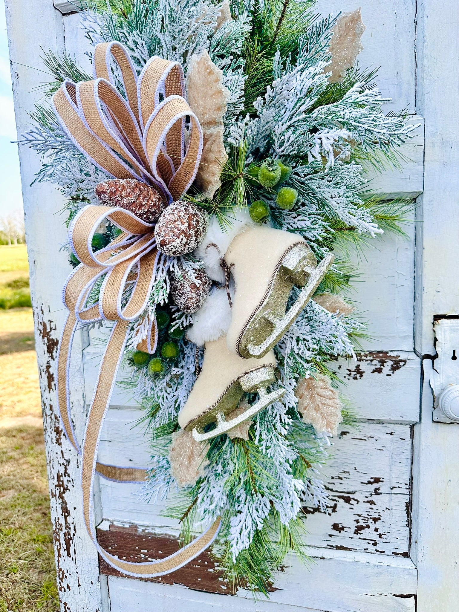Winter Chalet Neutral Christmas Swag with Ice Skates – 39"x21" TCT Crafts