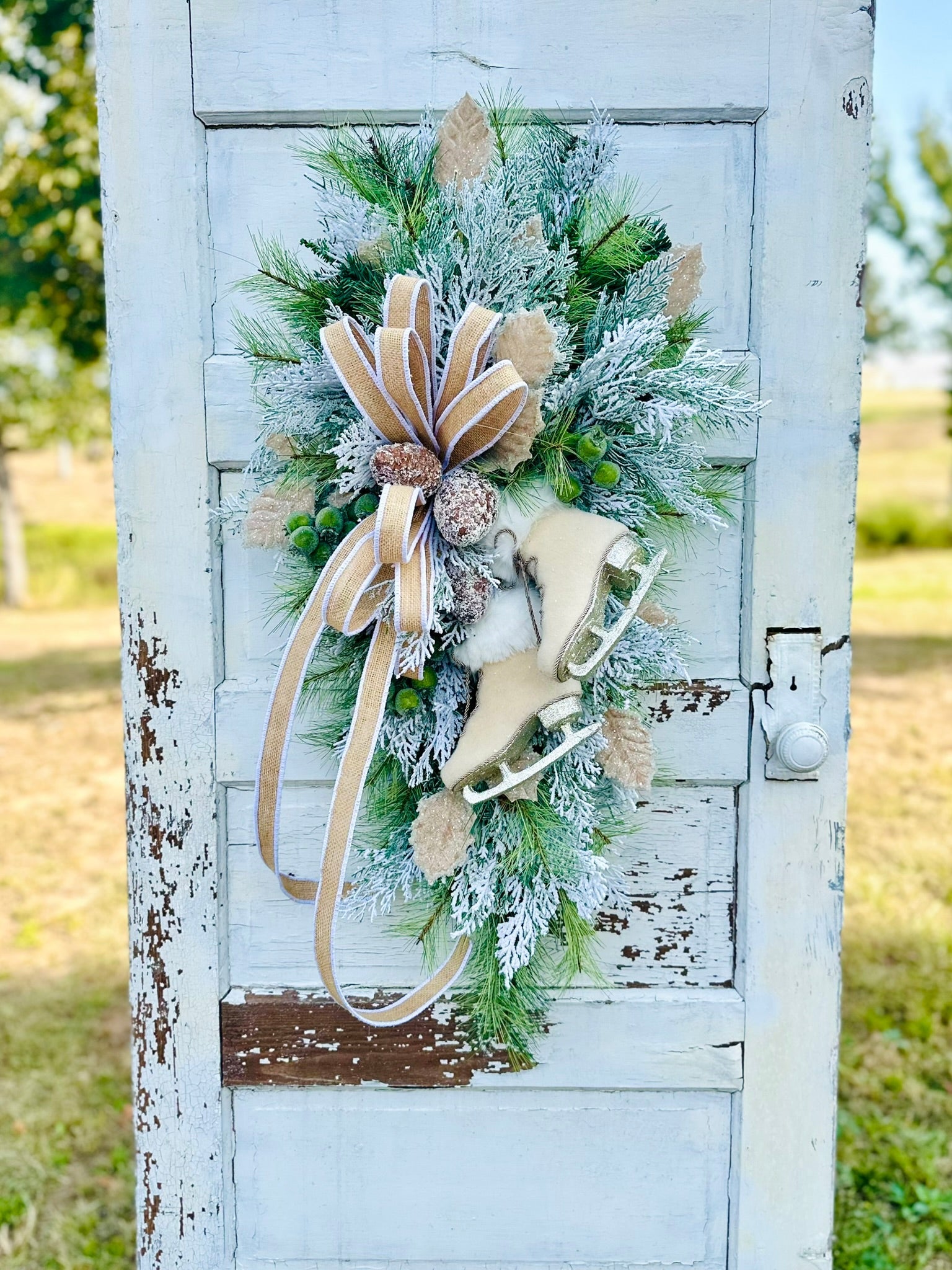 Winter Chalet Neutral Christmas Swag with Ice Skates – 39"x21" TCT Crafts