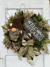 Load image into Gallery viewer, Rustic Gnome Cabin Welcome Wreath, 27x23 Handmade Gnome Door Decor, Rustic Cabin Door Decor, Woodland Wreath by TCT Crafts