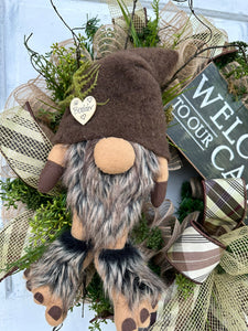 Rustic Gnome Cabin Welcome Wreath, 27x23 Handmade Gnome Door Decor, Rustic Cabin Door Decor, Woodland Wreath by TCT Crafts