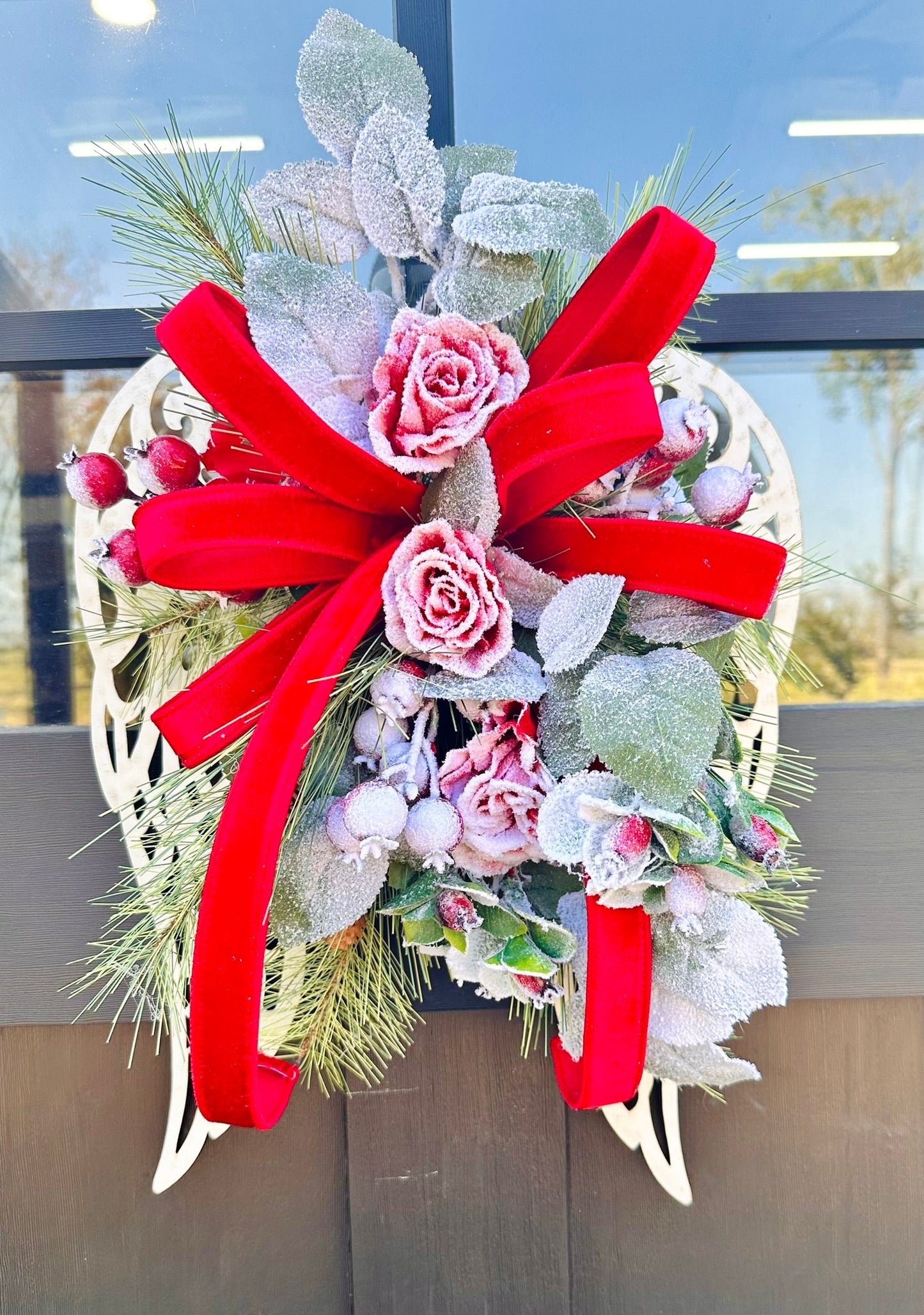 Christmas Angel Wings Door Hanger with Roses & Velvet Bow TCT Crafts