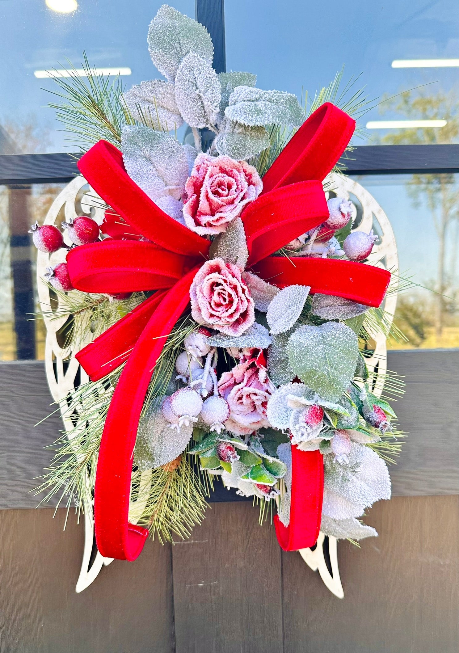 Christmas Angel Wings Door Hanger with Roses & Velvet Bow TCT Crafts