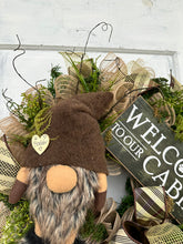 Load image into Gallery viewer, Rustic Gnome Cabin Welcome Wreath, 27x23 Handmade Gnome Door Decor, Rustic Cabin Door Decor, Woodland Wreath by TCT Crafts