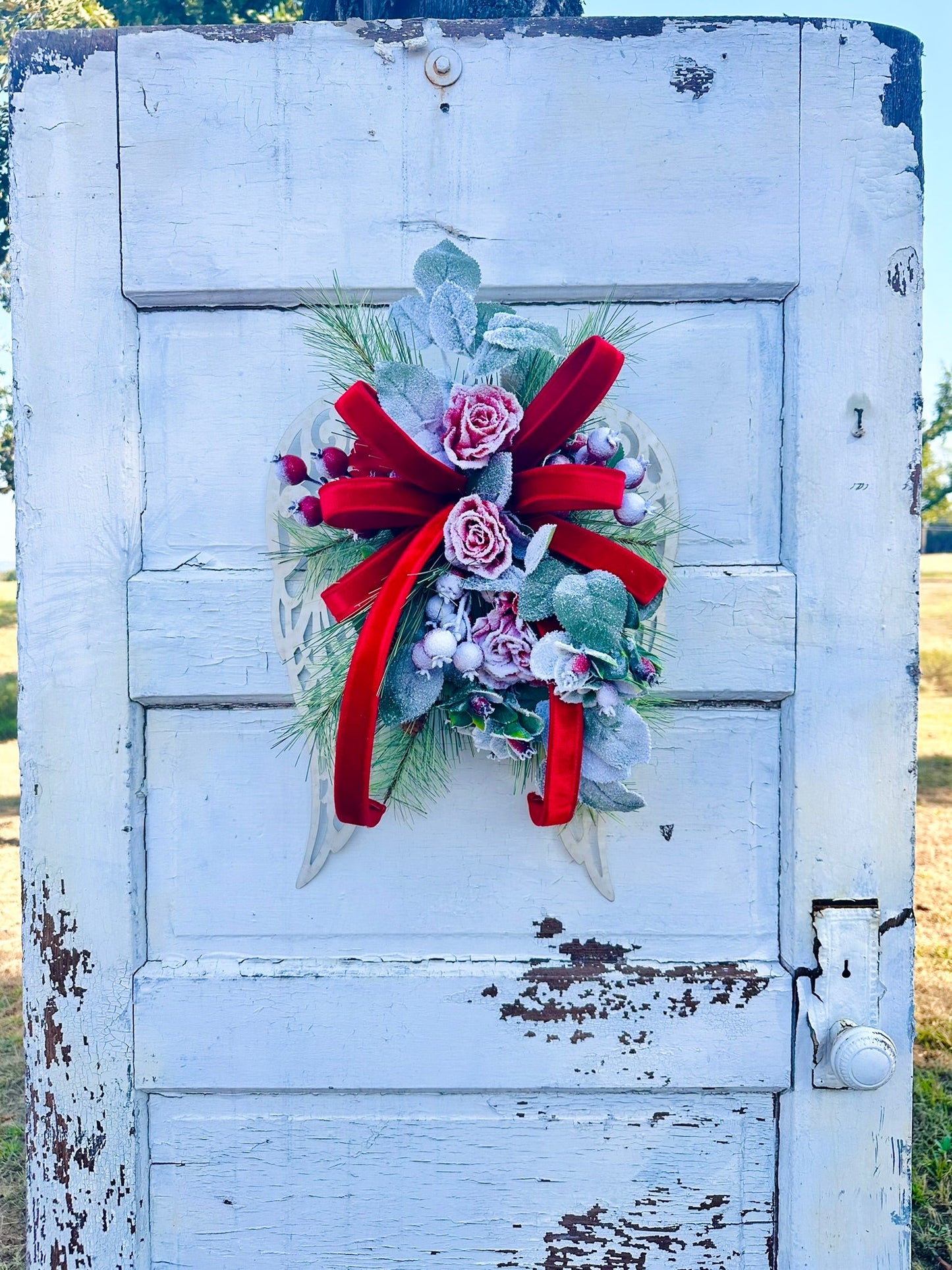 Christmas Angel Wings Door Hanger with Roses & Velvet Bow TCT Crafts