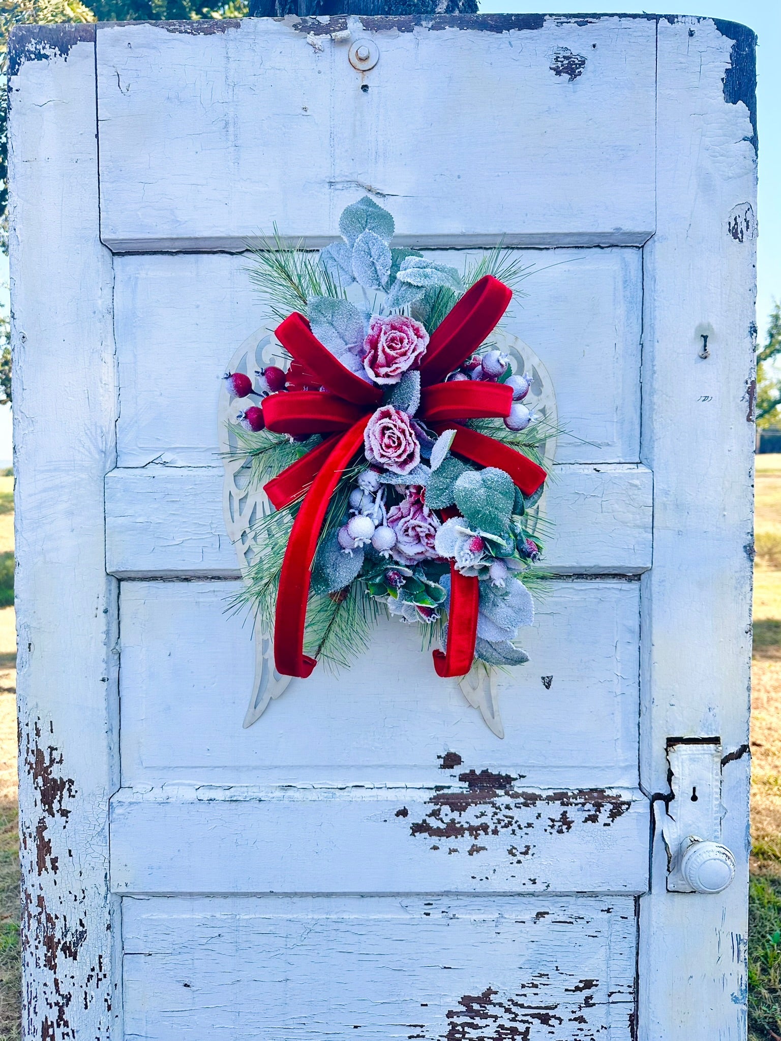 Christmas Angel Wings Door Hanger with Roses & Velvet Bow TCT Crafts