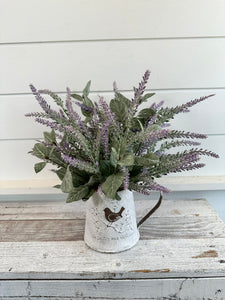 Rustic Lavender Sage Arrangement in Vintage Metal Can, 14x15" Farmhouse Home Decor, Small Purple Table Flower Arrangement