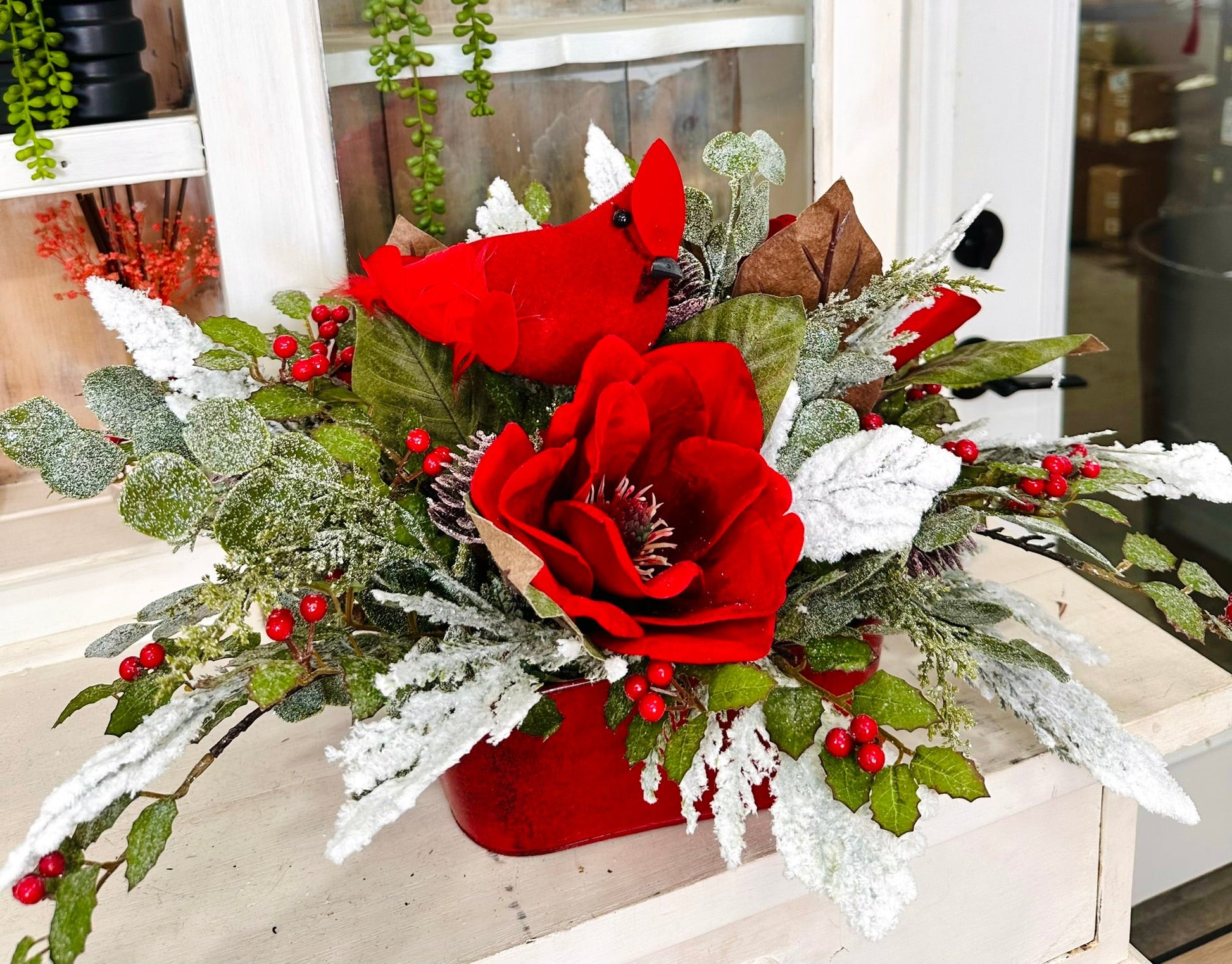 Red Cardinal Holiday Centerpiece with Velvet Magnolias & Snowy Greenery – Christmas Table Decor TCT Crafts