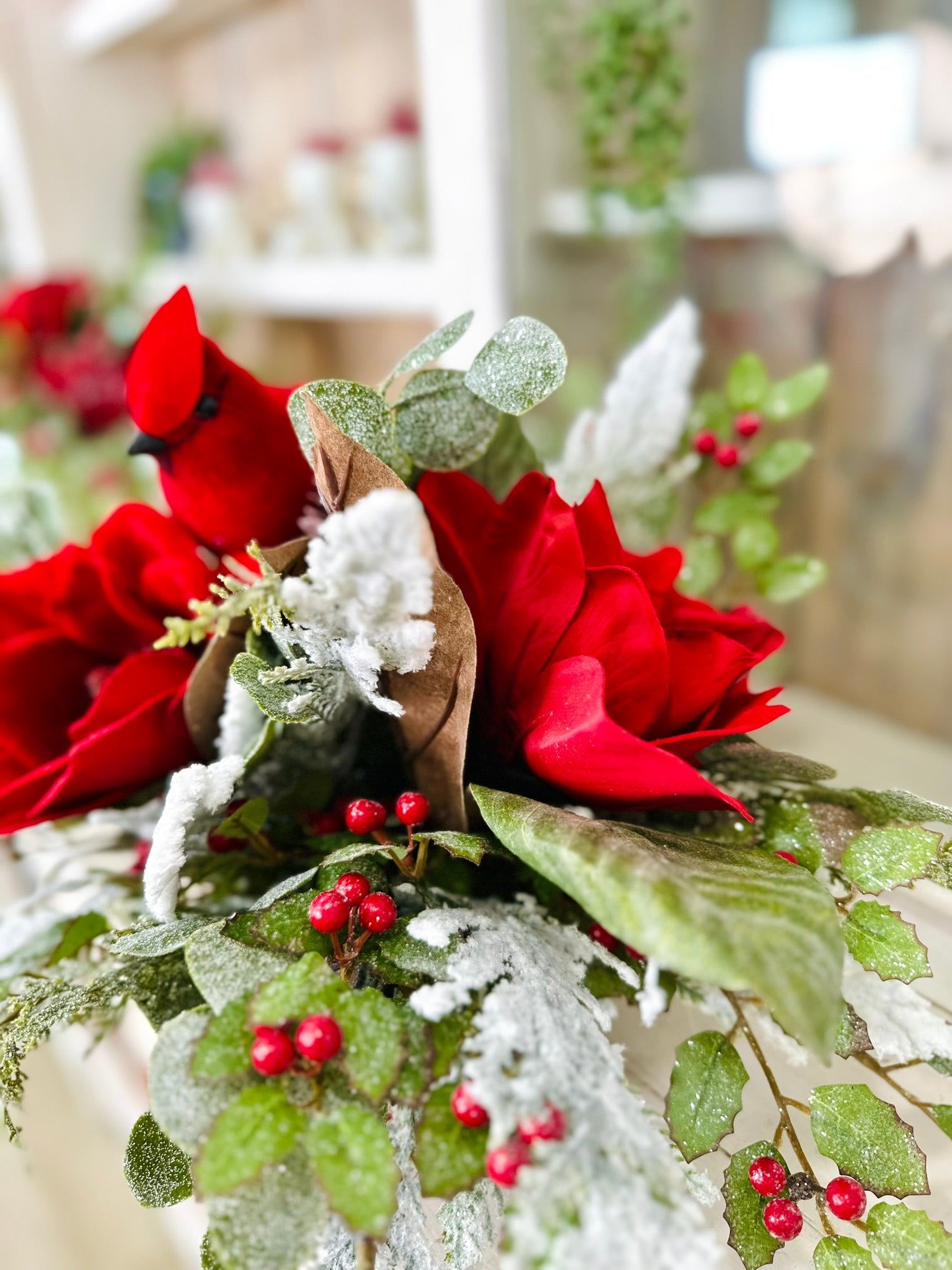 Red Cardinal Holiday Centerpiece with Velvet Magnolias & Snowy Greenery – Christmas Table Decor TCT Crafts