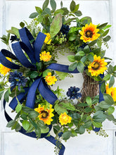 Load image into Gallery viewer, Sunflower Wreath with Navy Accents for Summer &amp; Fall - Rustic 22x20 Grapevine Door Decor - Elegant Floral Greenery Wreath