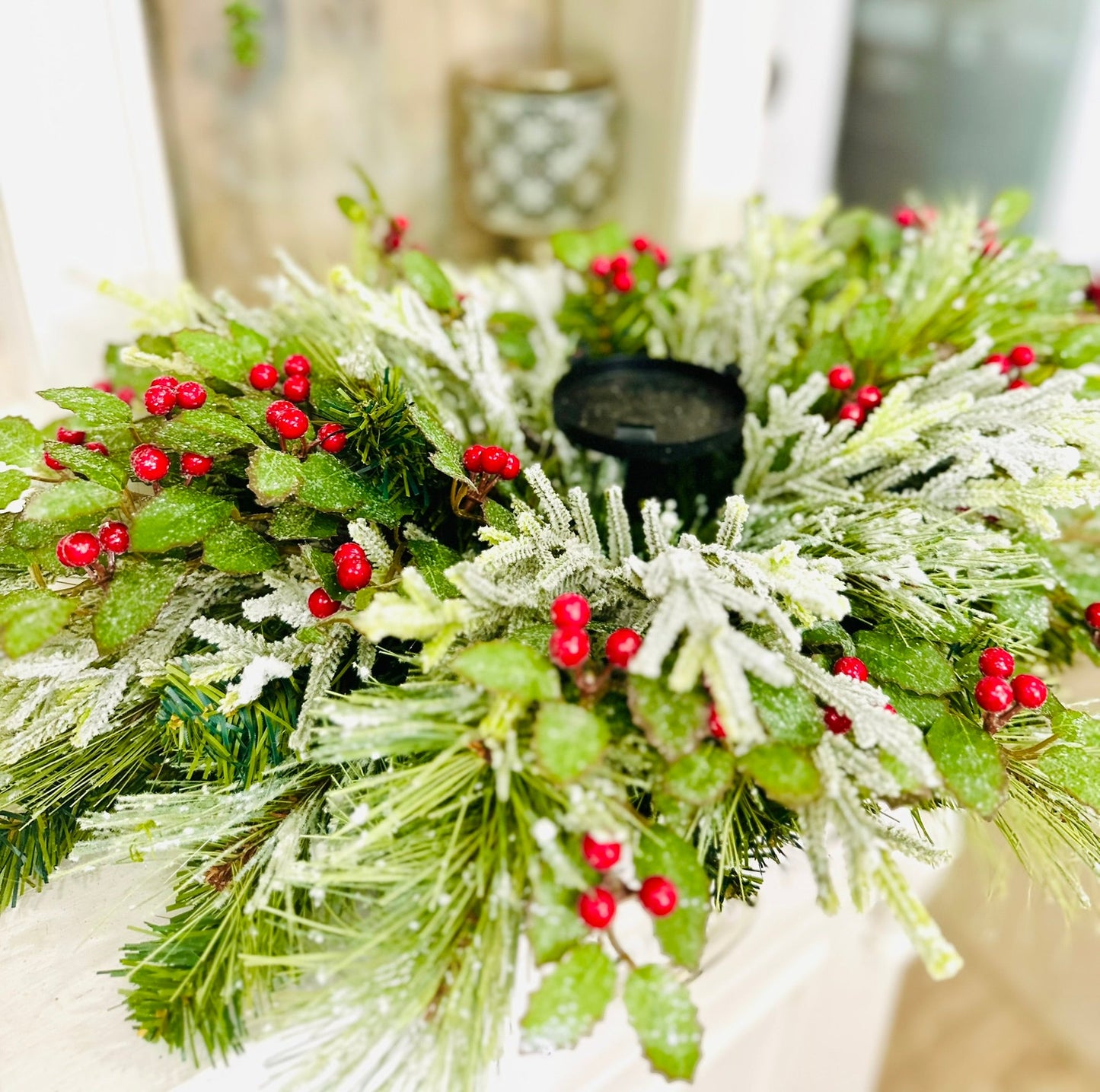 Traditional Christmas Table Candle Ring Arrangement- Red & Green Holiday Centerpiece TCT Crafts