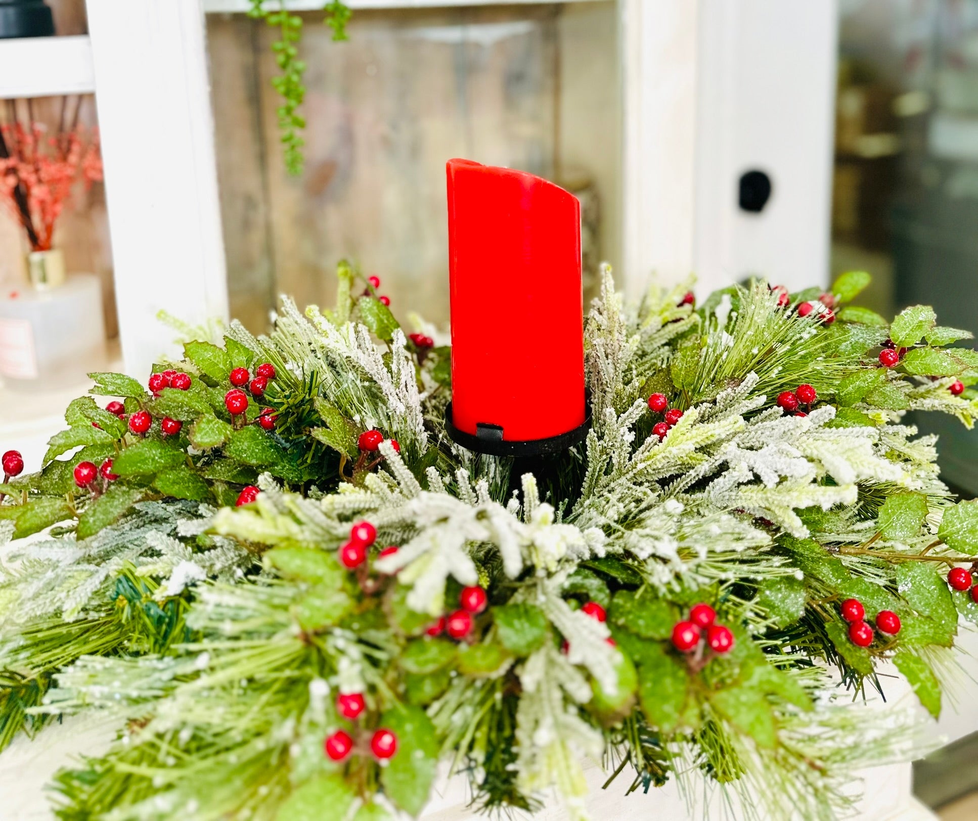 Traditional Christmas Table Candle Ring Arrangement- Red & Green Holiday Centerpiece TCT Crafts