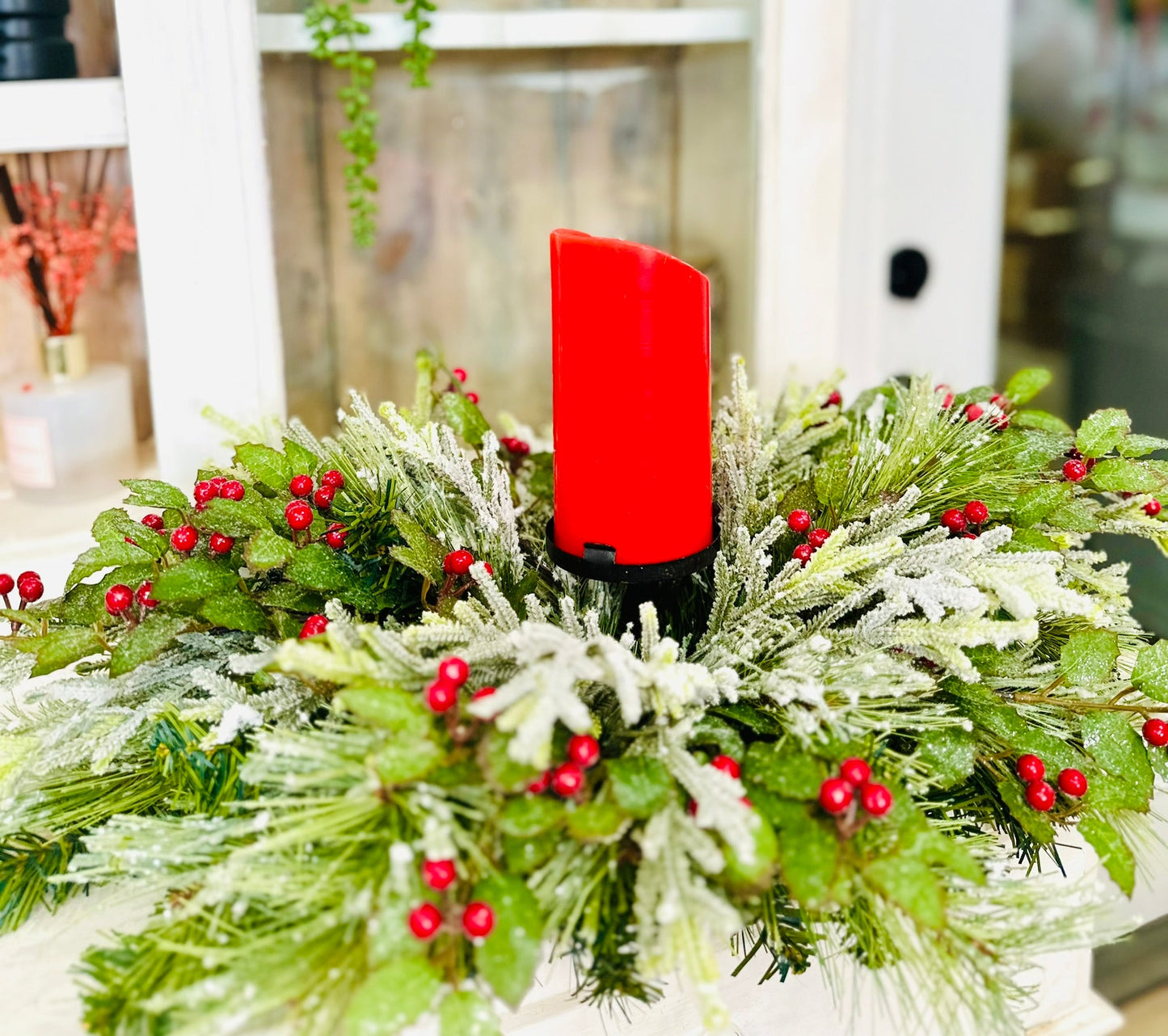 Traditional Christmas Table Candle Ring Arrangement- Red & Green Holiday Centerpiece TCT Crafts