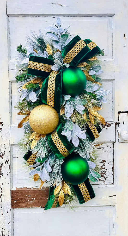 Emerald Green & Gold Christmas Swag | Elegant Velvet Ribbon Holiday Door Swag TCT Crafts