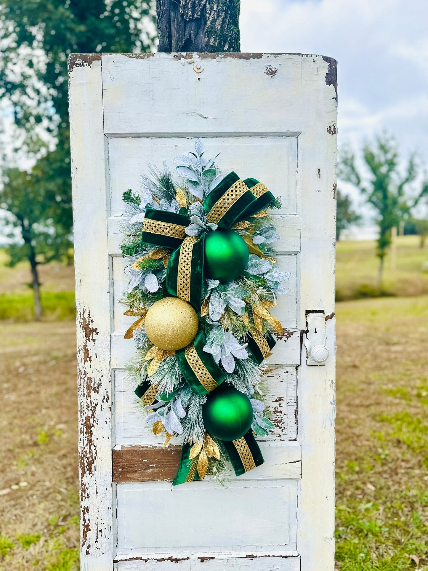 Emerald Green & Gold Christmas Swag | Elegant Velvet Ribbon Holiday Door Swag TCT Crafts