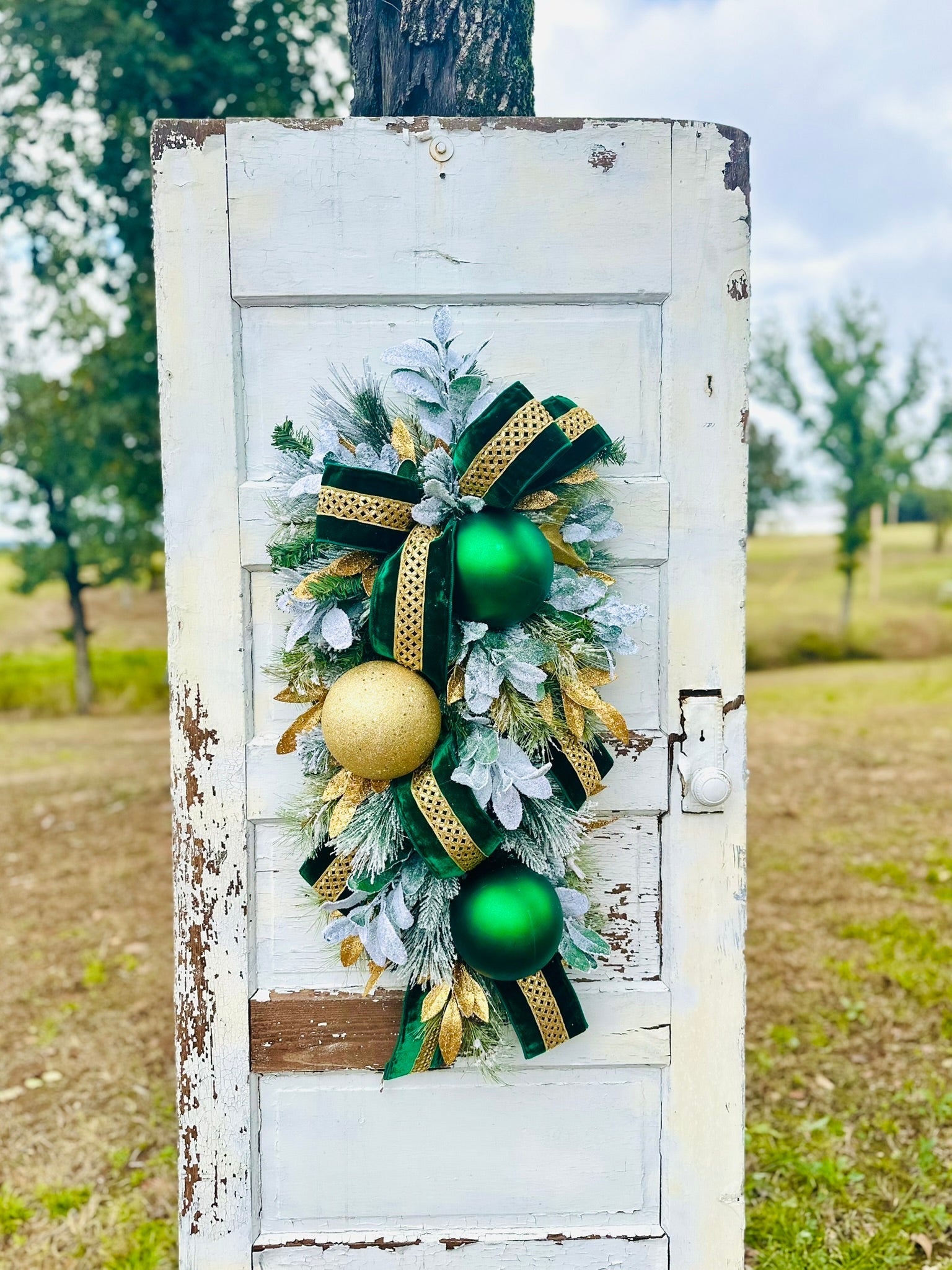 Emerald Green & Gold Christmas Swag | Elegant Velvet Ribbon Holiday Door Swag TCT Crafts
