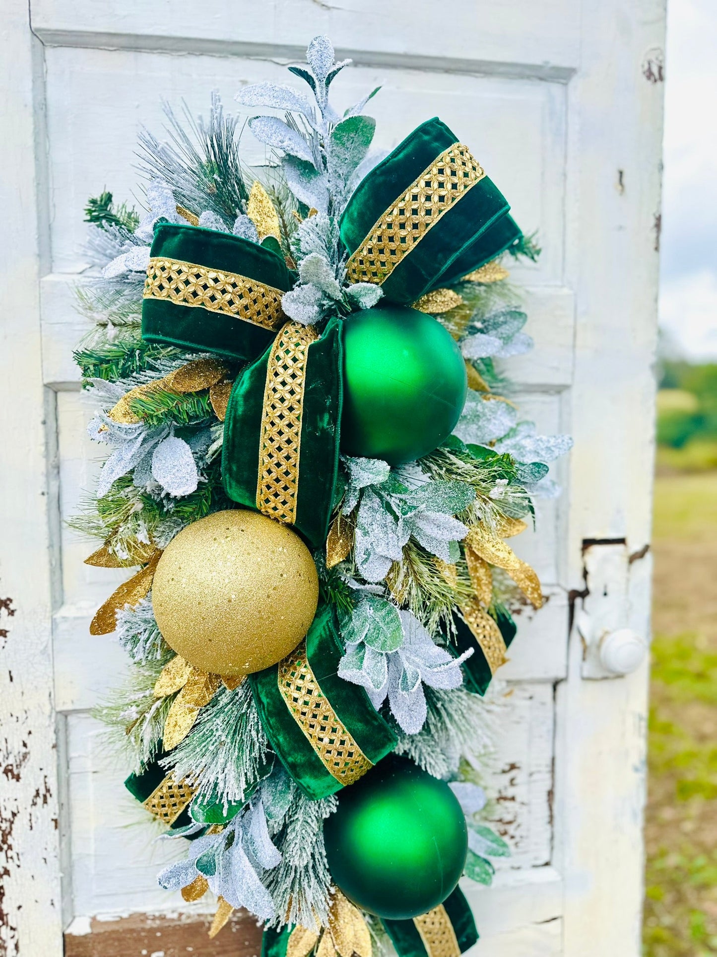 Emerald Green & Gold Christmas Swag | Elegant Velvet Ribbon Holiday Door Swag TCT Crafts