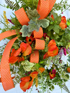 Vibrant Summer Floral Wreath with Poppies & Polka Dot Ribbon, Colorful 23x19 Inch Grapevine Door Decor for Seasonal Display
