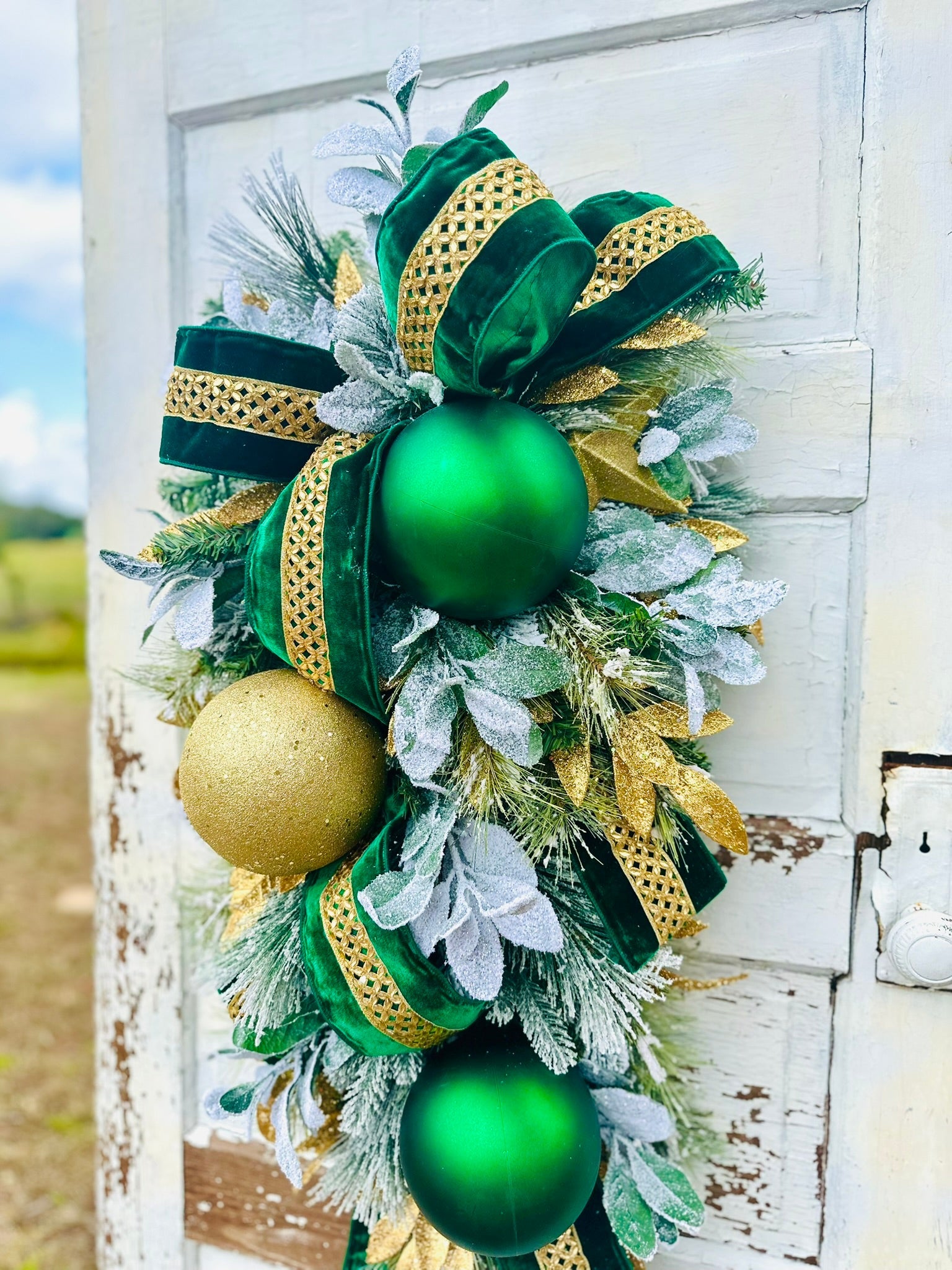 Emerald Green & Gold Christmas Swag | Elegant Velvet Ribbon Holiday Door Swag TCT Crafts