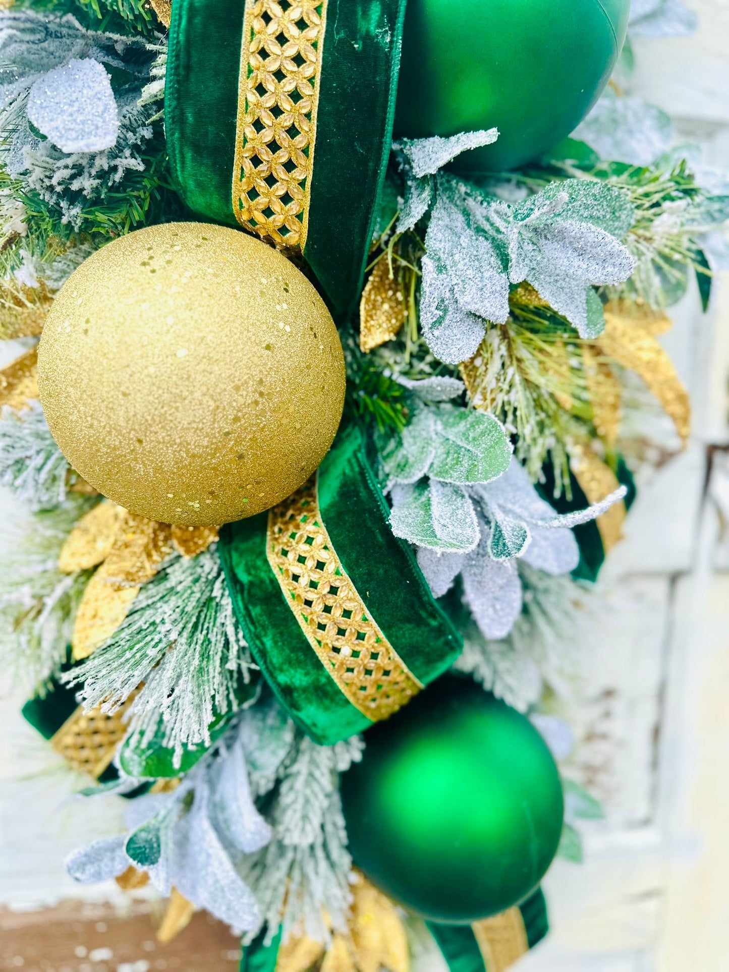 Emerald Green & Gold Christmas Swag | Elegant Velvet Ribbon Holiday Door Swag TCT Crafts